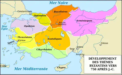 Carte des thèmes byzantins en 750
