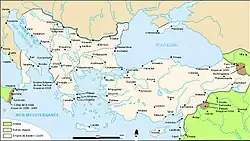 Carte montrant les Balkans et la Turquie actuelle avec les frontières médiévales de l'empire byzantin.