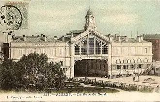 Gare du Nord (carte postale ancienne éditée par Caron no&nbsp;328, oblitérée en 1909).