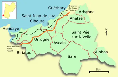 Carte du sud-ouest de la France, montrant en vert le territoire de 12 communes sur fond jaune.