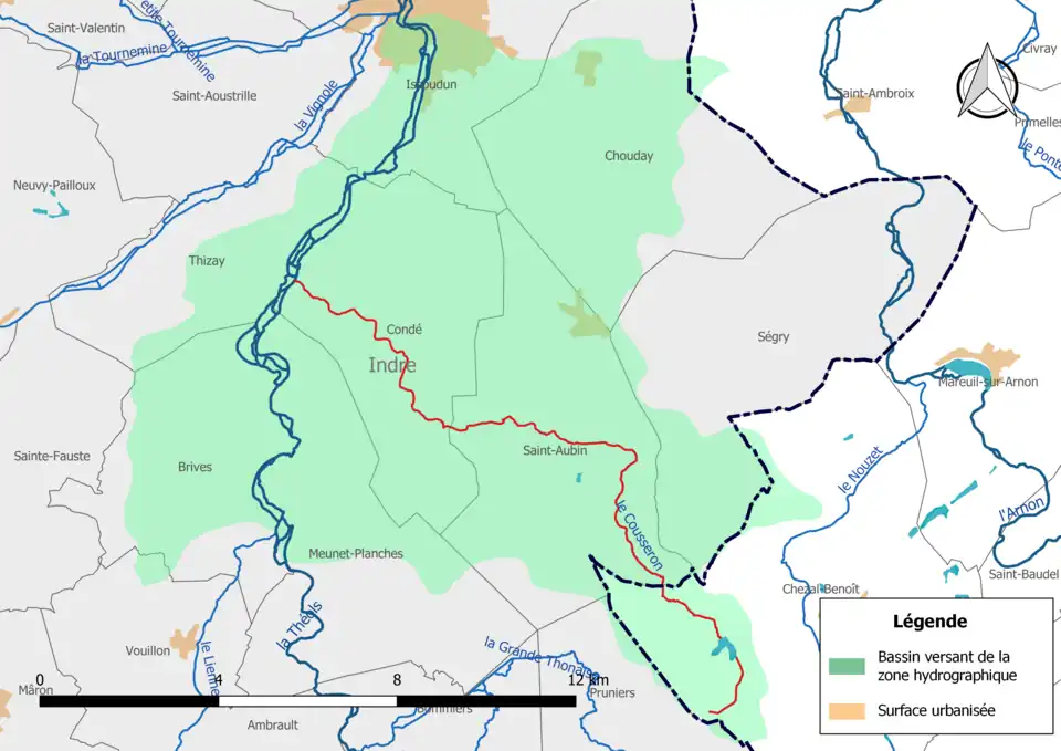 Le Cousseron (en rouge) et la zone hydrographique dans laquelle il s'insère.