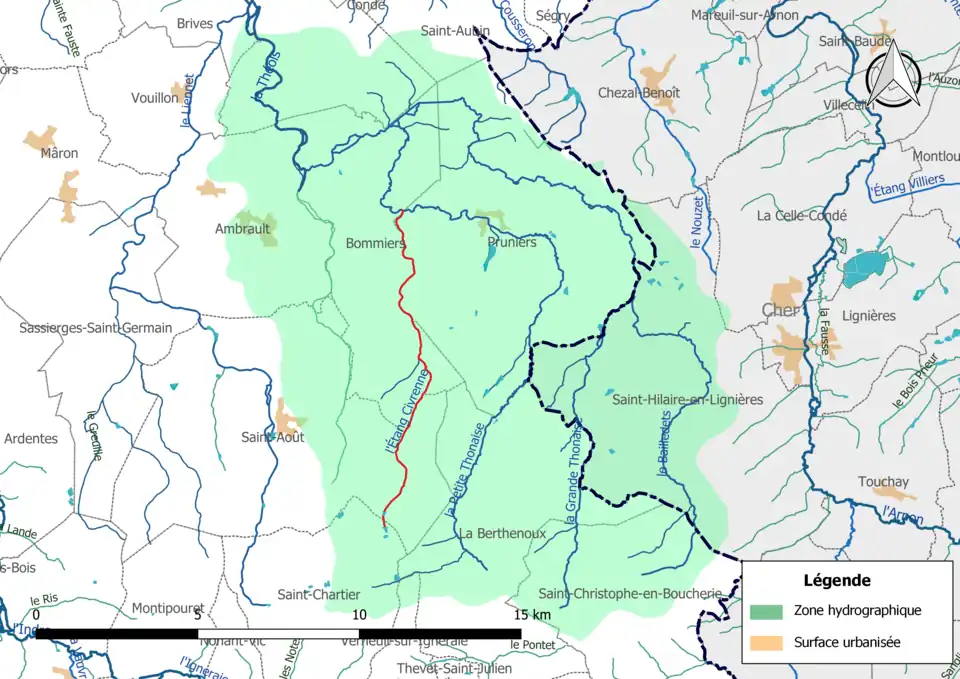 L'Étang Civrenne (en rouge) et la zone hydrographique dans laquelle il s'insère.