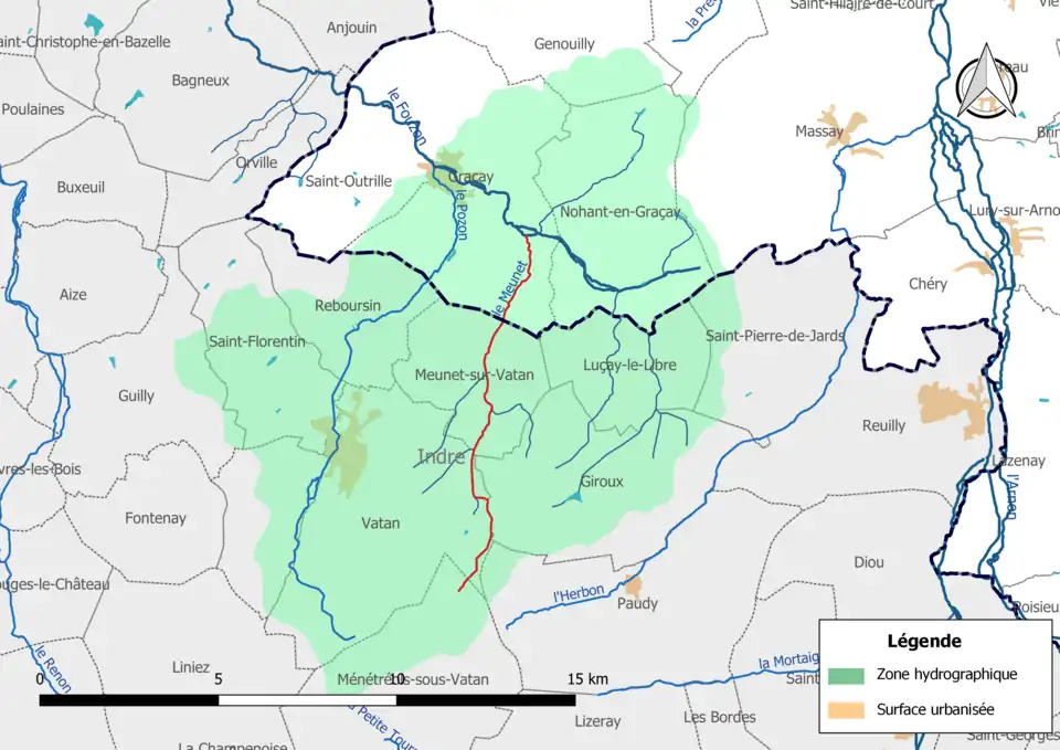 Le Meunet (en rouge) et la zone hydrographique dans laquelle il s'insère.