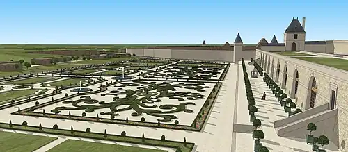 Restitution du château de Châtillon Coligny, au XVIIe siècle. Vue depuis le bastion sur le parterre et la ville fortifiée.