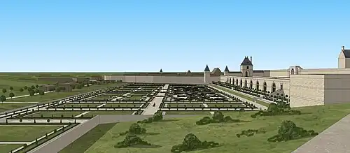 Restitution de la vue sur le parterre et l'Orangerie du château de Châtillon-Coligny, au XVIIe siècle, depuis le bout de la basse-cour.