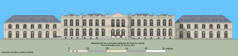 Essai de restitution de l'élévation du château de Crécy, façade du côté jardin.