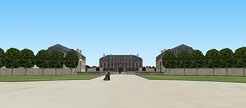 Vue du château depuis la route traversant le village de Roissy, du côté de l'entrée. XVIIIe siècle.