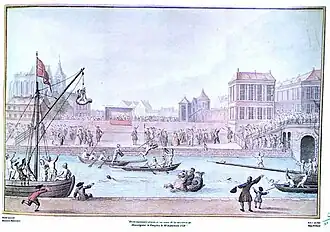 Divertissements offerts à l'occasion de la naissance de Monseigneur le Dauphin, le 30 septembre 1729. Au second plan à gauche : la collégiale Saint-Pierre.