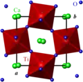 Structure cristalline de la pérovskite, projetée sur le plan (a, b). Rouge : Ti, vert : Ca, bleu : O.