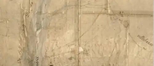 Feuille cadastrale du XIXe&nbsp;siècle scannée : quartier des Brotteaux. Au Nord, le Rhône n'est pas encore endigué ni le parc de la Tête d'Or aménagé. Au Sud, l’urbanisation n'est présente qu'en bord de fleuve, le reste du quartier étant encore désert.