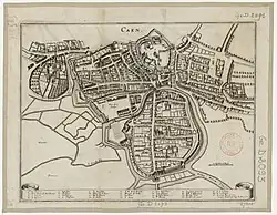 Plan en perspective cavalière de Caen au début du XVIIe&nbsp;siècle.