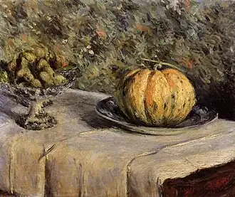 Melon et compotier de figues par Gustave Caillebotte, collection privée. Peint côte à côte avec Renoir au Château de Wargemont en 1882.