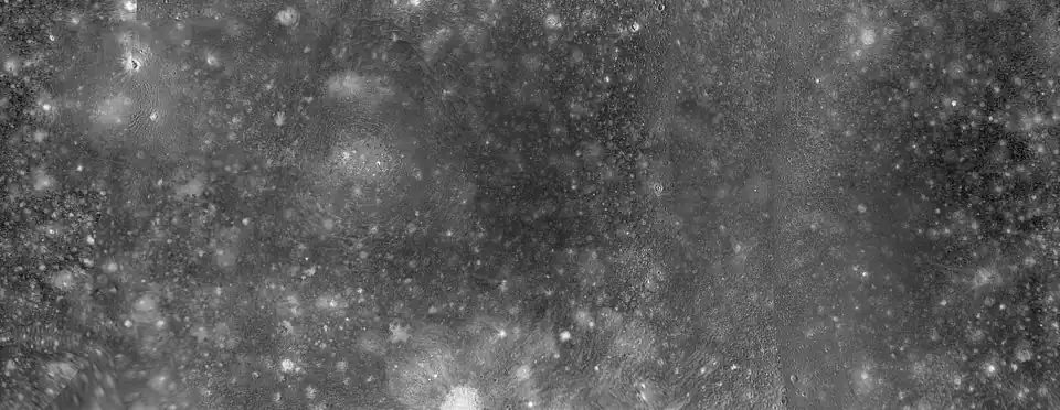 Image en noir et blanc rectangulaire. On observe les nombreux cratères de Callisto, mis en valeurs par différentes luminosités. Certaines parties sont plus floues que d'autres.