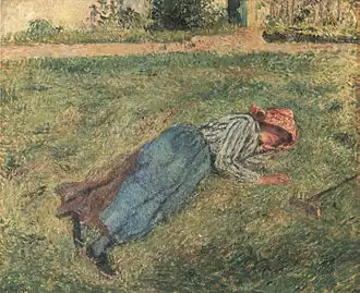 Le repos, paysanne couchée dans l'herbe de Camille Pissarro (1882)