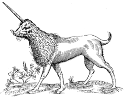 gravure montrant un animal aux pattes palmés, avec une corne sur le front et de la fourrure sur la tête et le torse