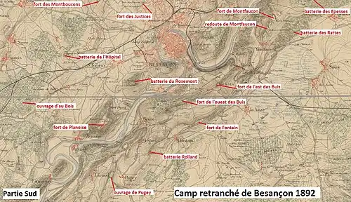 Plan du camp retranché en 1892 ; Pugey est au Sud