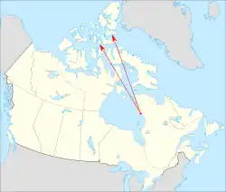 Une carte du Canada montrant deux flèches partant d’un même point et aboutissant beaucoup plus au nord.