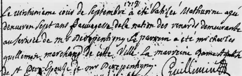 Après les batailles de 1712 et 1716 dans l'aire du Wisconsin, nombre de petites Amérindiennes (âge 5-8 ans) de la nation des Renards, désormais orphelines, furent données à des Français du Canada. Ici, exemple du 20 septembre 1713. Archives nationales du Québec ; N.D. de Montréal, CE. 601/51, 1713.