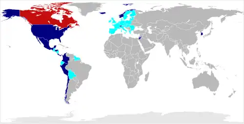 Pays ayant des accords commerciaux avec le Canada (en juillet 2017)CanadaAccords en vigueurAccords en cours de négociation