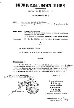  Fac-simile de la délibération du 20 juillet 1984 autorisant le Président du Conseil général à signer la convention confiant la gestion du Canal d’Orléans pour 50 ans au Département. Le document est signé par Kleber Malecot, président du Conseil général, publié le 21 juillet 1984, reçu en Préfecture le 25 juillet.