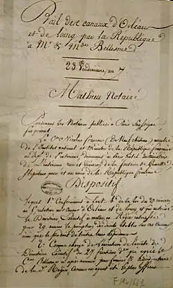  Reproduction d’un document manuscrit écrit à la plume représentant le bail du 23 vendémiaire an 7 confiant la gestion du Canal d’Orléans à la famille Bellesme
