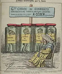 Dessin à propos des candidats conservateurs aux élections de 1881 (La Nouvelle Lune, 14 août 1881).