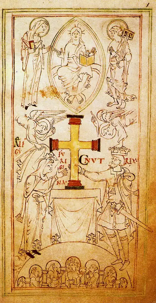 Dessin à l'encre montrant une grande croix dorée posée sur un autel. Une femme voilée apparaît à gauche et un homme avec une épée au côté de l'autre. Des anges les surplombent, tenant le voile de la femme et posant une couronne sur la tête de l'homme. Au sommet apparaissent des saints et le Christ, et en bas, une foule assemblée.