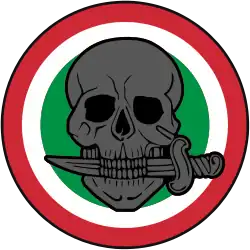 Cercle de plusieurs couleurs avec une tête de mort tenant un couteau entre ses dents.