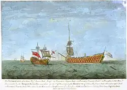 Le Foudroyant au lendemain du combat après sa reddition, en compagnie du HMS Monmouth.