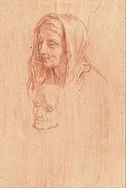 Étude pour deux têtes de vieille femme (1685), sanguine et blanc, Düsseldorf, Museum Kunstpalast.