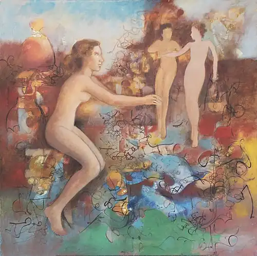 Conversation au sommet du désir caché, huile sur toile 100x100cm