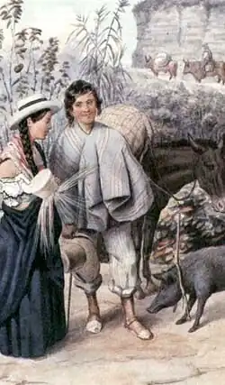 Carmelo Fernández&nbsp;(en) (Venezuela), Arriero y tejedora de sombreros de Vélez (« Muletier et tisseuse de chapeaux de Vélez », 1850, Bibliothèque nationale de Colombie).