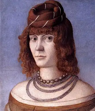 Portrait de femme, entre 1495-1498, 29&nbsp;×&nbsp;24&nbsp;cm, huile sur panneau, Galerie Borghèse, Rome.