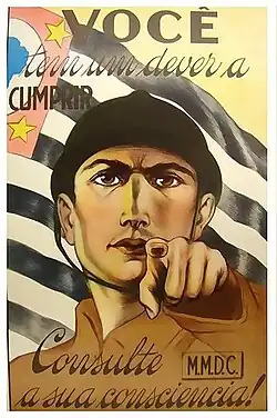 Affiche de la Révolution constitutionnaliste brésilienne de 1932 légendée Você tem um dever a cumprir. Consulte a sua consciencia. (« Tu as un devoir à accomplir. Écoute ta conscience. »).