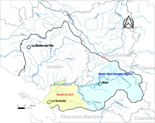 Carte du territoire Sèvre Niortaise et Marais Poitevin, avec représentation des CTGQ Sèvre Niortaise Mignon et Curé.