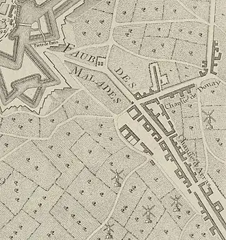 Le faubourg des malades sur carte de 1784