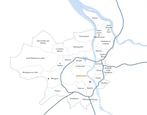 Plan des communes de Bordeaux Métropole. La plupart des communes se situent à l'ouest de la ville.