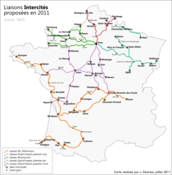 Carte du réseau Intercités en 2011