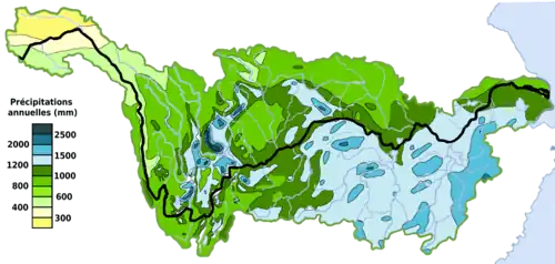 Précipitations annuelles moyennes sur le bassin versant du Yangtsé.