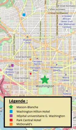 Carte indiquant la situation des lieux suivants à Washington : Maison-Blanche, Hotel Hilton Washington, hôpital universitaire George Washington, Park Central Hotel et McDonalds.