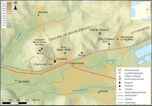 Carte montrant le relief autour du centre-ville de Ronchamp.