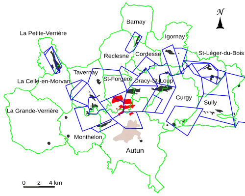Ce plan présente les concessions du gisement de schiste d'Autun avec la zone exploité par la mine des Télots en rouge.