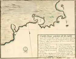 Autre carte dressée en 1735 pour relater le naufrage. Elle localise aussi où furent trouvées certaines victimes.