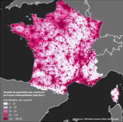 Sur une carte de France, les zones les plus denses se trouvant dans et aux alentours des agglomérations majeures : Paris, Lyon, Marseille, Lille, Bordeaux...