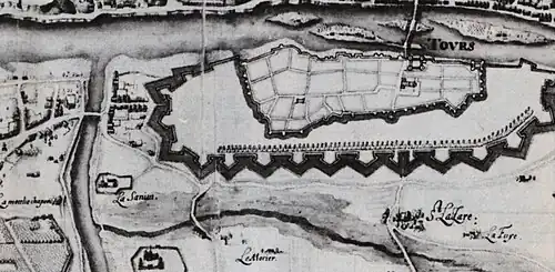 Carte et plan représentant la ville de Tours au début du XVIe&nbsp;siècle, en 1619. Extrait de document conservé aux archives départementales d'Indre-et-Loire.