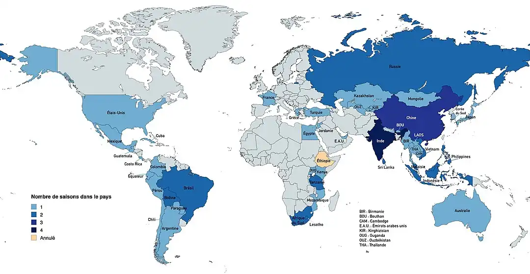 Carte des pays visités par Pékin Express