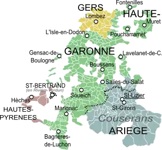 Le comté de Comminges (en vert) au milieu du XVe&nbsp;siècle.