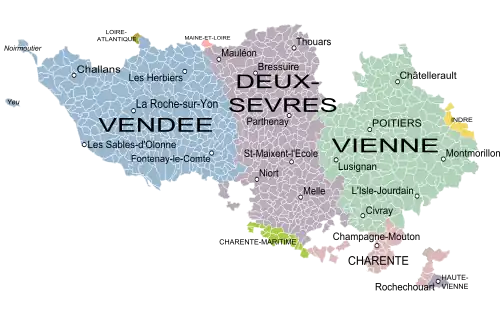 La province du Poitou au&nbsp;XVIIIe&nbsp;siècle&nbsp;et les communes actuelles. La partie orientale du Bas-Poitou a été intégrée aux Deux-Sèvres