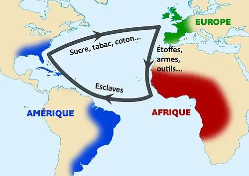 carte représentant le commerce triangulaire.