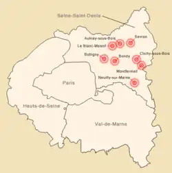 Une carte situant les émeutes urbaines en région parisienne au premier novembre 2005